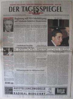 Berliner Tageszeitung "Tagesspiegel" mit Schlagzeile zur Entschädigung von NS-Opfern