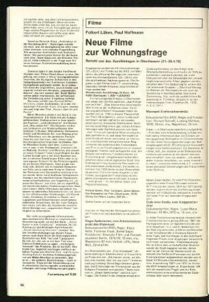 Neue Filme zur Wohnungsfrage. Bericht von den Kurzfilmtagen in Oberhausen (21. bis 28.4.1978)