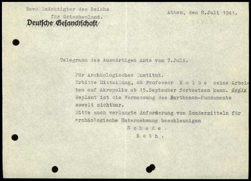 M. Schede an DAI Athen