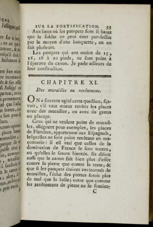 Chapitre XI. Des murailles ou revêtemens. - Chapitre XVI. Des dehors.