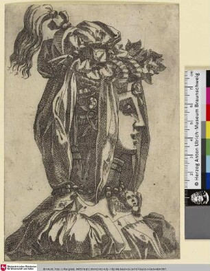 [Weibliche Büste im Profil nach rechts mit verzierter Kopfbedeckung und Perlencollier mit Kopf eines Cherubs]
