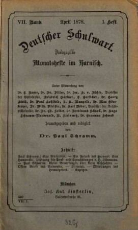 Deutscher Schulwart : pädagogische Monatshefte im Harnisch. 7, 7. 1878