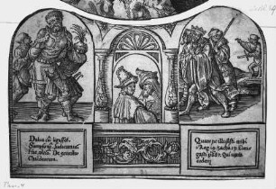 Die sogenannte "Große Passion Christi" — Vignette mit dem gefesselten Samson (links), den Halbfiguren zweier Propheten (Mitte) und Elia flieht vor Isebel (rechts)