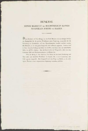 Probedruck des Textes zum "Denkmal seiner Majestät des höchstseligen Königs Maximilian Joseph von Baiern."