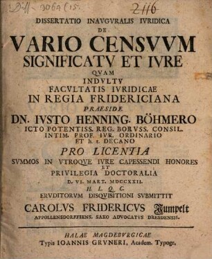 Dissertatio Inavgvralis Ivridica De Vario Censvvm Significatv Et Ivre