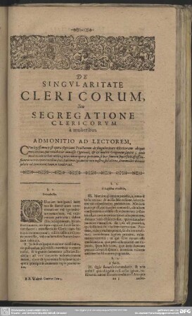 De Singularitate Clericorum Seu Segregatione Clericorum a mulieribus