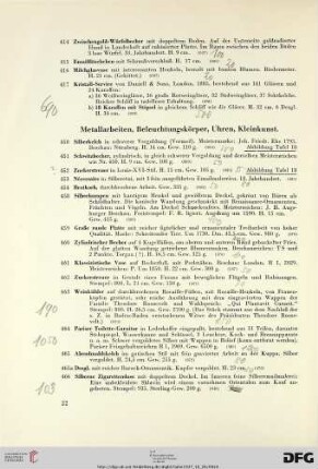 Metallarbeiten, Beleuchtungskörper, Uhren, Kleinkunst (Nr. 450-515)