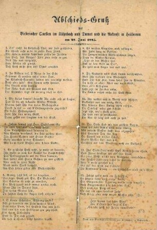 Gedicht "Abschieds-Gruß der Bieberacher Quellen im Kühnbach und Dornet und die Ankunft in Heilbronn am 27. Juni 1885" von F. J.