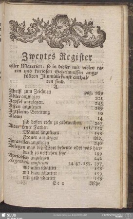 Zweytes Register aller Materien, so in dieser mit vielen raren und kuriosen Geheimnissen angefüllten Illuminirkunst enthalten sind