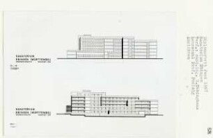 Sanatorium Ebingen (Diplomarbeit bei Peter Poelzig): Ansichten von Nordwesten und Südwesten 1:200