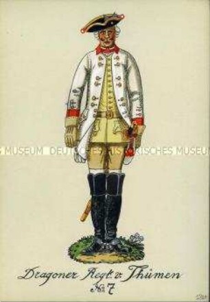 Uniformdarstellung, Gemeiner des Dragoner-Regiments (von Thümen) D VII, Preußen, 1740.