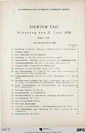 Vierter Tag: Dienstag, den 21. Juni 1938, Beginn 3 Uhr (Nr. 813-1120)
