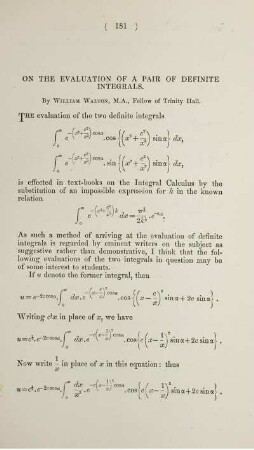 On the evaluation of a pair of definite integrals.