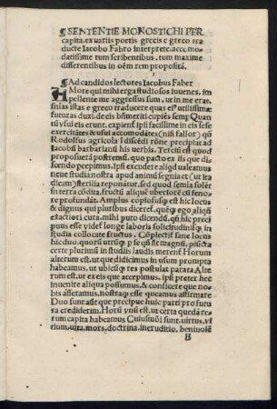 Sententie Monostichi Per capita. ex variis poetis grecis e greco traducte Iacobo Fabro interprete ...