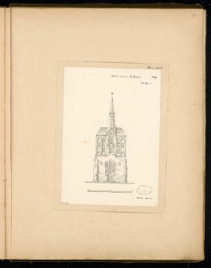 Zweischiffige Dorfkirche in märkischem Backstein für 300 Sitzplätze Monatskonkurrenz Juni 1877: Variante 1: Aufriss Turmansicht (Eingang); Maßstabsleiste
