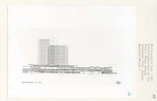 Geschäftszentrum am Zoo, Berlin-Charlottenburg (Diplomarbeit bei Willy Kreuer): Ansicht von Südosten 1:200