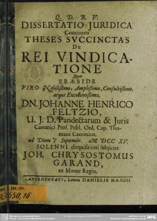 Dissertatio Iuridica Continens Theses Succinctas De Rei Vindicatione