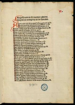 1r-12r, Registrum in sermones alberti magni de tempore et de sanctis