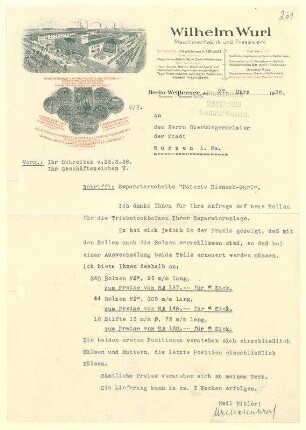 Angebot von Wilhelm Wurl für Bolzen und Stifte an den Oberbürgermeister der Stadt Wurzen .i. Sa.