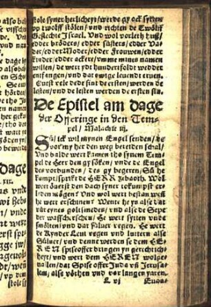 De Epistel am dage der Offeringe in den Tempel/ Malachie iij. [Euangelion am dage der Offeringe in den Tempel/ Purificationis. Luce ij.]