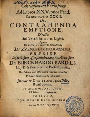 Conclusionum Forensium Ad Libros XXV. prior. Pand. Exercitatio ..., 32. De Contrahenda Emptione