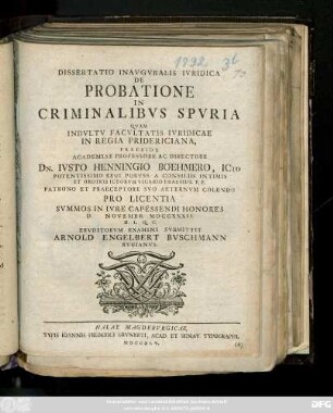 Dissertatio Inavgvralis Ivridica De Probatione In Criminalibvs Spvria
