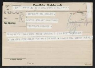 Brief von Oswald von Hoyningen-Huene und Gudrun Hoyningen-Huene an Gerhart Hauptmann