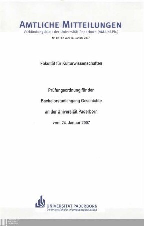 Prüfungsordnung für den Bachelorstudiengang Geschichte an der Universität Paderborn : vom 24. Januar 2007
