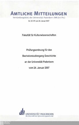Prüfungsordnung für den Bachelorstudiengang Geschichte an der Universität Paderborn : vom 24. Januar 2007