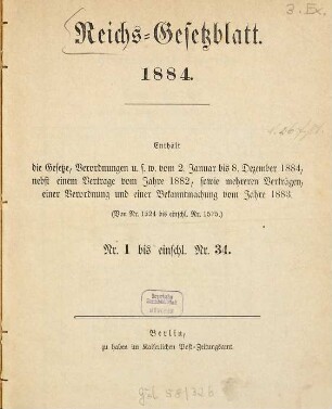 Reichsgesetzblatt. 1884