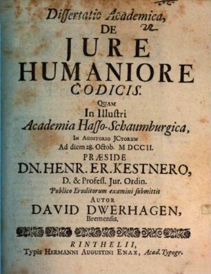Dissertatio Academica, De Jure Humaniore Codicis