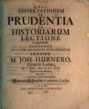 Diss. de prudentia ex historiarum lectione comparanda