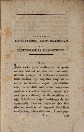 Tentamen accuratioris cryptogamorum et cryptogamiae definitionis : dissertatio botanico-medica