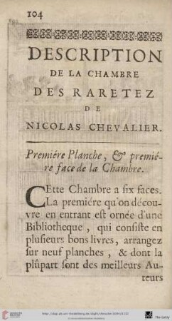 Description de la chambre des raretez de Nicolas Chevalier