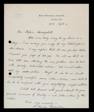 Nr. 2: Brief von Arthur Stanley Eddington an Karl Schwarzschild, London, 11.9.1908