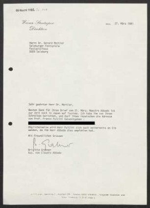 Brief an Gerard Mortier an Salzburger Festspiele, 27.03.1991