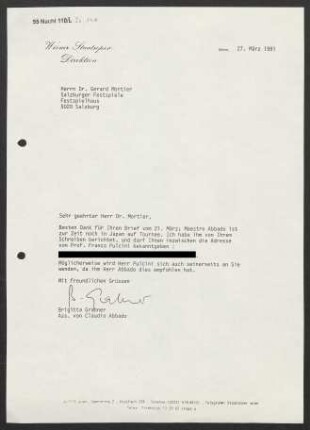 Brief an Gerard Mortier an Salzburger Festspiele, 27.03.1991