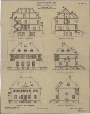 Fischer, Theodor; München - Laim; Haus Schätz - Ost, - West, - Nord u. Südseite (Ansichten); Westost u. Südnord (Schnitte)