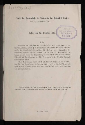 Statut der Krankenkasse für Studierende der Universität Gießen vom 23. September 1894 : Zusatz vom 22. Dezember 1905