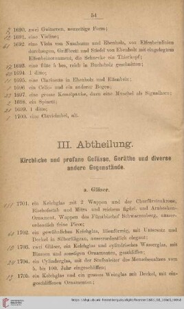 III. Abtheilung. Kirchliche und profane Gefässe, Geräthe und diverse andere Gegenstände (Nr. 1701 - 1911)