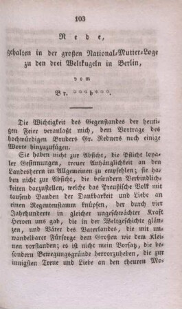 Rede, gehalten in der großen National-Mutter-Loge zu den drei Weltkugeln in Berlin.