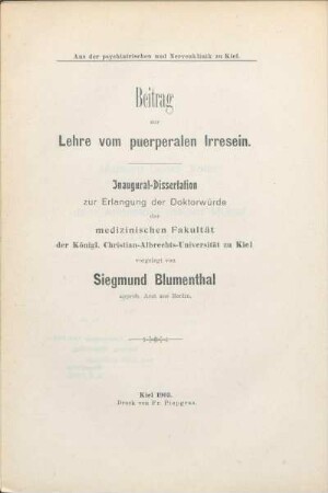 Beitrag zur Lehre vom puerperalen Irresein