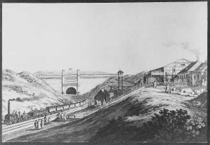 Oberauer Tunnel an der Eisenbahnstrecke Leipzig - Dresden. Tunnelportal und davorliegender Einschnitt mit Personenzug um 1840