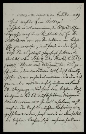 Brief und Postkarten von Alfred Dove an Edward Schröder, Freiburg im Breisgau, 1909