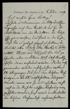 Brief und Postkarten von Alfred Dove an Edward Schröder, Freiburg im Breisgau, 1909