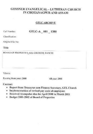 BOARD OF PROPERTIES GELC, RANCHI