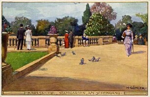 Postkartenalbum mit Motiven von Karlsruhe. "Karlsruhe. Stadtgarten, am Südeingang". Eingangsbereich Stadtgarten