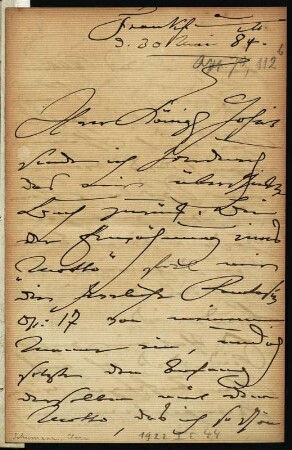 Brief von Clara Schumann an Maria Anna  : Brief von Clara Schumann an Maria Anna  Frankfurt , 30.06.1883. Seite 1 Dresden: SLUB Mscr.Dresd.App.70,112b
