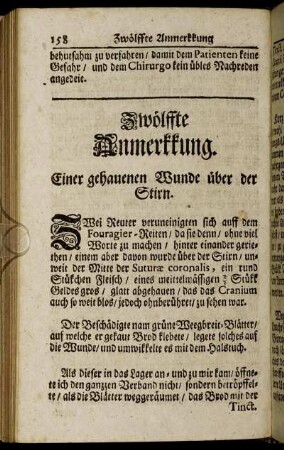 Zwölffte Anmerkkung. Einer gehauenen Wunde über der Stirn.