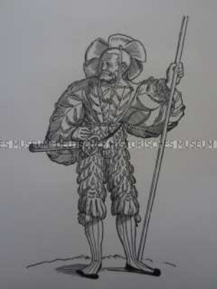 Kriegerdarstellung, Landsknecht mit Schwert und Spieß, 1510/1530.